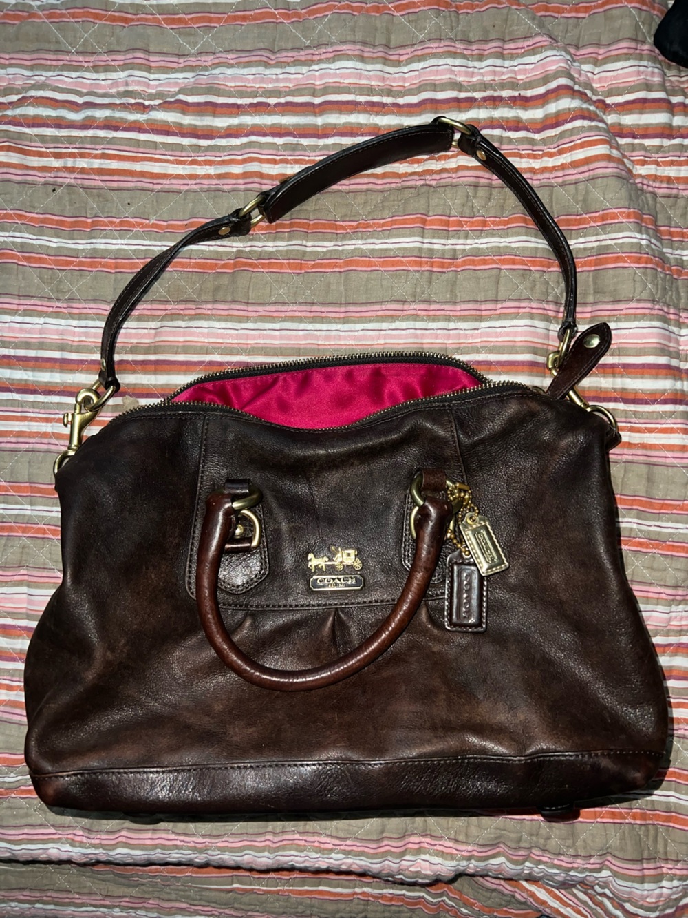 Coach Medium Size Dark Brown Leather Shoulder Satchel with Pink Interior